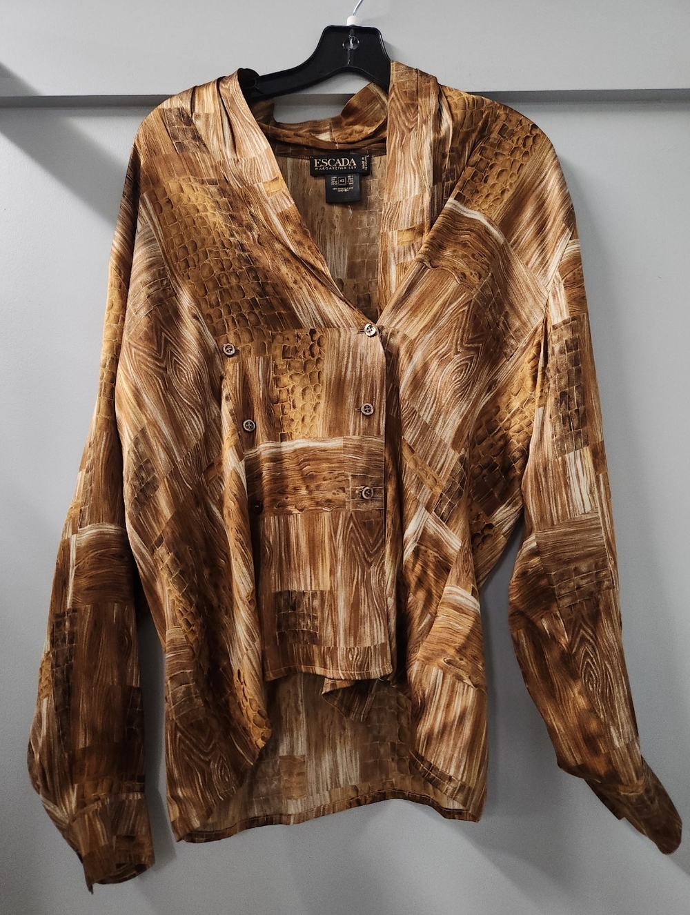 Vtg Escada Margaretha Ley Sz 42 Brown Snakeskin Wood Patchwork Silk Blouse Flowy